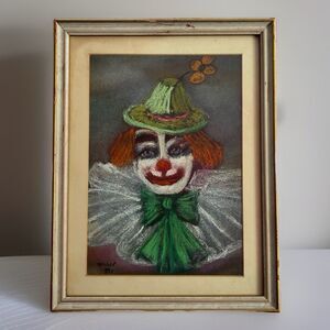 Vintage Signed Mollie Clown Pastel Drawing Framed Expressionist 1985